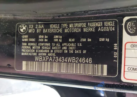 2004 BMW X3 2.5I z USA, uszkodzony, nr VIN WBXPA73434WB24646